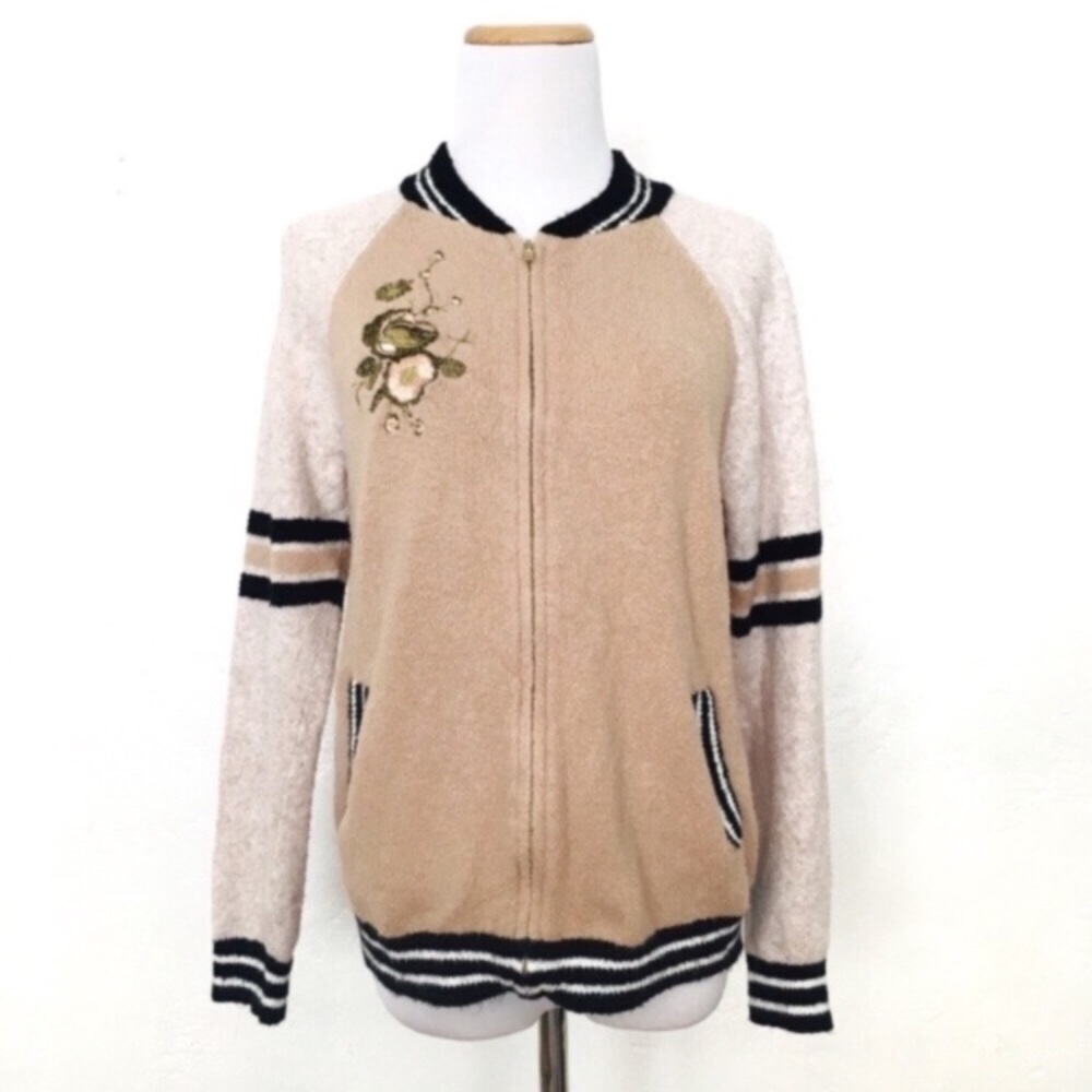 Boho Embroidered Varsity Bomber Sweater Jacket M